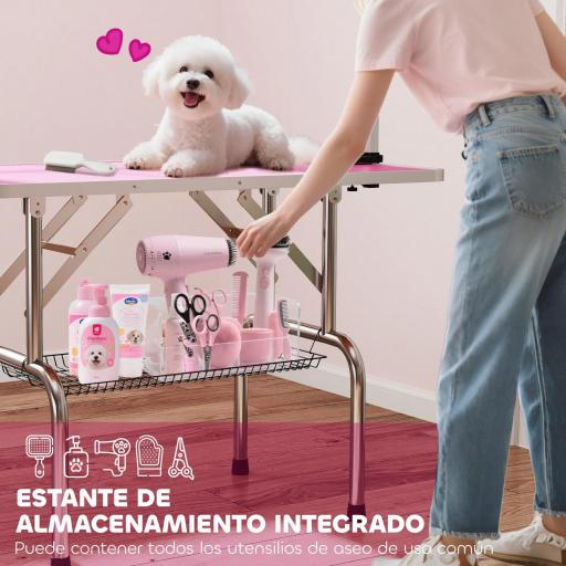 Mesa de Peluquería Canina Plegable con Cesta Metálica Barra de Acero Inoxidable Ajustable 107x60x164 cm Rosa [5]