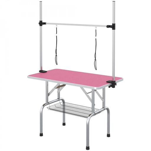 Mesa de Peluquería Canina Plegable con Cesta Metálica Barra de Acero Inoxidable Ajustable 107x60x164 cm Rosa [9]