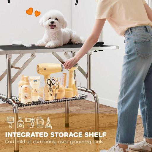 Mesa de Peluquería para Mascotas Mesa de Aseo Plegable con Estante de Almacenamiento Altura Ajustable 20-80 cm 107x60x170 cm Negro [2]