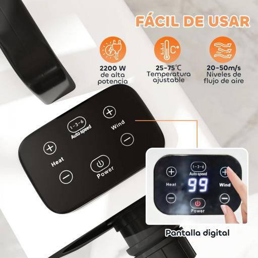 Secador para Perros de 2200W con Pantalla Digital Velocidad y Temperatura Ajustables 3 Boquillas Blanco [1]