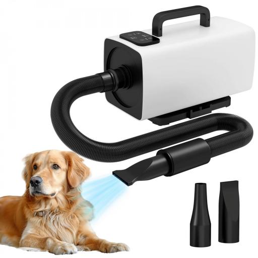 Secador para Perros de 2200W con Pantalla Digital Velocidad y Temperatura Ajustables 3 Boquillas Blanco