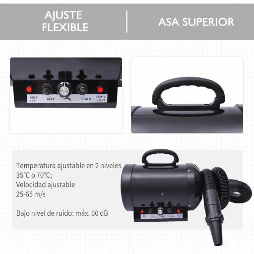 Secador de Pelo para Perros 2800W Secador para Mascotas con Temperatura y Velocidad del Viento Ajustable 3 Boquillas Tubo Flexible 2,1 m y Asa Portátil 40x16x20 cm Negro [2]