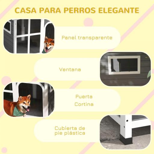 Caseta de Madera para Perros con Techo Abatible Frontal Acrílico y Puerta con Cortina 101x66,5x70,5cm Gris Oscuro [4]