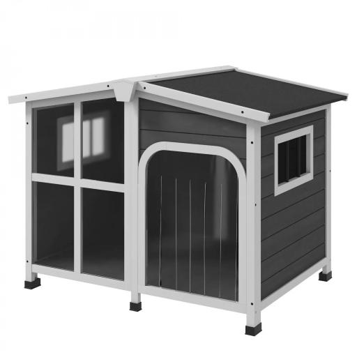 Caseta de Madera para Perros con Techo Abatible Frontal Acrílico y Puerta con Cortina 101x66,5x70,5cm Gris Oscuro [8]