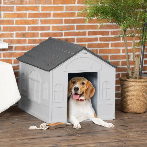 Casa para Perros 65x75,7x63 cm con Patrón de Ventana y Techo de Tejas de Imitación para Perros Medianos Gris y Blanco