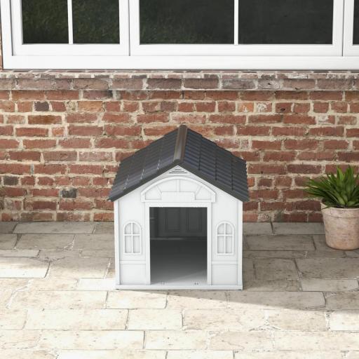 Casa para Perros 65x75,7x63 cm con Patrón de Ventana y Techo de Tejas de Imitación para Perros Medianos Gris y Blanco [5]
