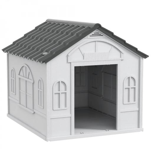 Casa para Perros 65x75,7x63 cm con Patrón de Ventana y Techo de Tejas de Imitación para Perros Medianos Gris y Blanco [7]