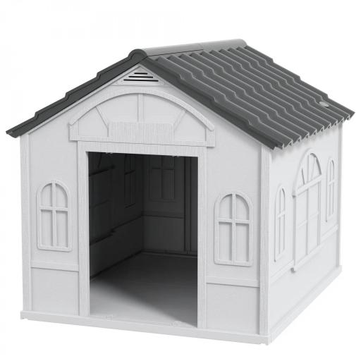 Casa para Perros 65x75,7x63 cm con Patrón de Ventana y Techo de Tejas de Imitación para Perros Medianos Gris y Blanco [8]