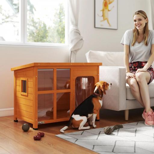 Caseta para Perros Exterior con Techo Asfáltico Abatible Puerta con Cortina y Base Extraíble 90x62x71 cm Madera Natural [6]