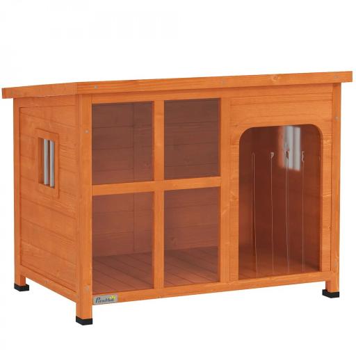 Caseta para Perros Exterior con Techo Asfáltico Abatible Puerta con Cortina y Base Extraíble 90x62x71 cm Madera Natural [9]