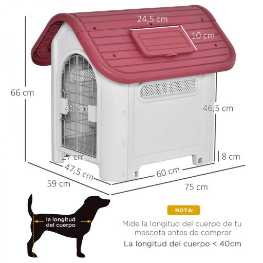 Caseta para Perro con Puerta Extraíble Base Elevada 3 Respiraderos y Ventana Abrible Caseta de Perros para Interior y Exterior 59x75x66 cm Gris Rojo [1]