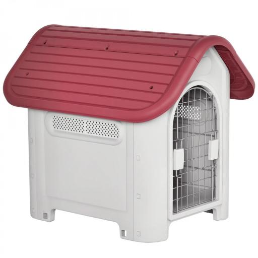 Caseta para Perro con Puerta Extraíble Base Elevada 3 Respiraderos y Ventana Abrible Caseta de Perros para Interior y Exterior 59x75x66 cm Gris Rojo [8]