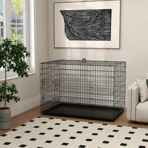 Jaula para Perros Plegable Transportín para Perros con 2 Puertas Bandeja Extraíble y Asa 121x76,5x81 cm Negro [6]