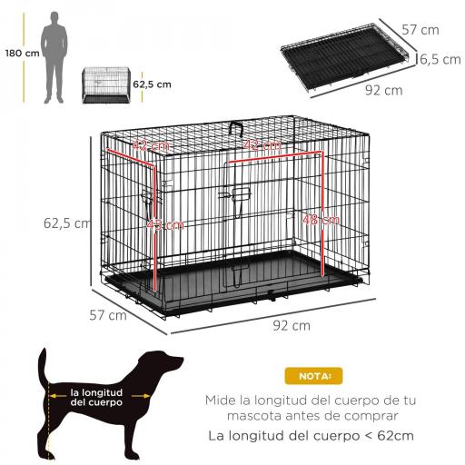 Jaula para Perros Plegable Transportín para Perros con 2 Puertas Bandeja Extraíble Asa de Transporte 92x57x62,5 cm Negro [1]