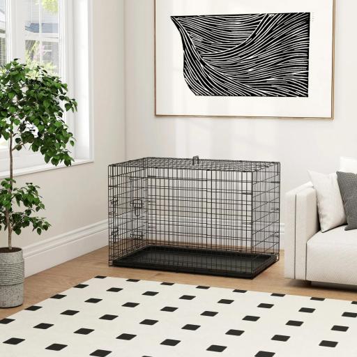 Jaula para Perros Plegable Transportín para Perros con 2 Puertas Bandeja Extraíble Asa de Transporte 92x57x62,5 cm Negro [6]