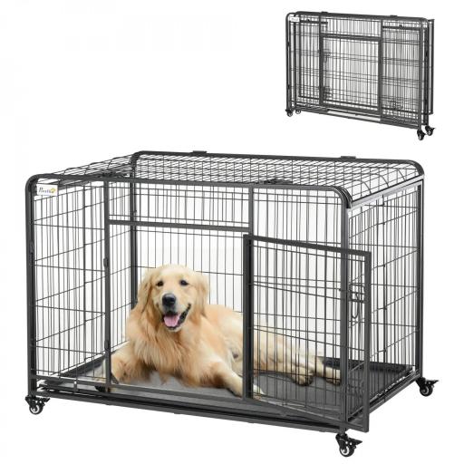 Jaula para Perros Plegable de Metal Jaula para Perros Grandes 125x76x81 cm con Ruedas y Frenos Bandeja Extraíble y Puerta con Pestillos para Golden Retriver Labrador Gris Oscuro [8]