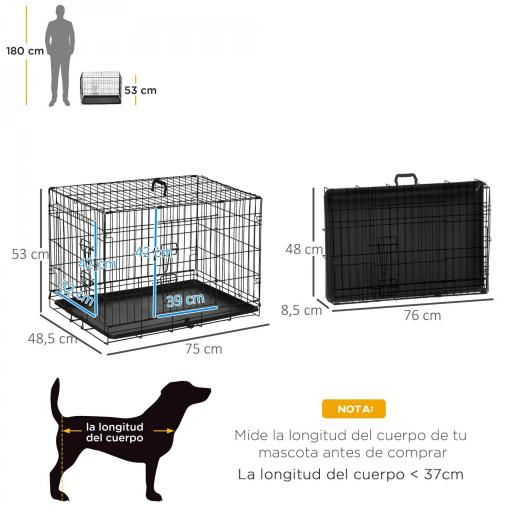 Jaula para Perros Plegable Transportín para Perros con 2 Puertas Bandeja Extraíble y Asa 75x48,5x53 cm Negro [1]
