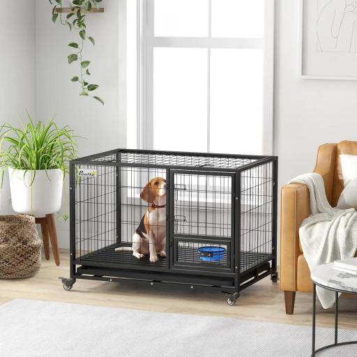 Jaula para Perros Grandes con Soporte de Cuenco Bandeja Extraíble Ruedas y Puerta Doble Desmontable 109x72x79 cm Negro