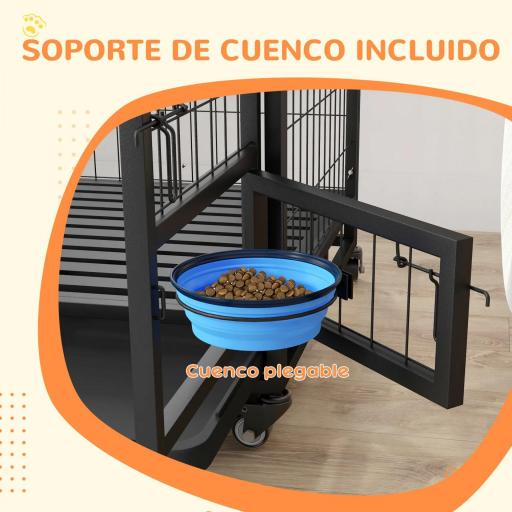 Jaula para Perros Grandes con Soporte de Cuenco Bandeja Extraíble Ruedas y Puerta Doble Desmontable 109x72x79 cm Negro [4]