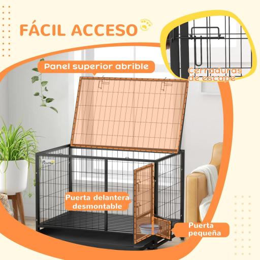 Jaula para Perros Grandes con Soporte de Cuenco Bandeja Extraíble Ruedas y Puerta Doble Desmontable 109x72x79 cm Negro [6]