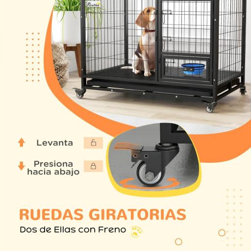 Jaula para Perros Grandes con Soporte de Cuenco Bandeja Extraíble Ruedas y Puerta Doble Desmontable 109x72x79 cm Negro [2]