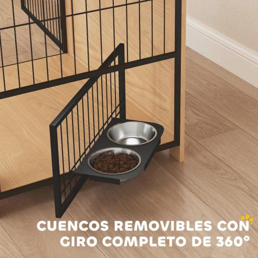 Jaula para Perros Mesa Auxiliar Moderna con 2 Puertas Soporte Giratorio con 2 Tazones 80x60x68 cm Roble [3]