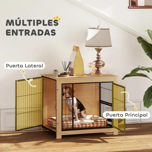 Jaula para Perros Mesa Auxiliar Moderna con 2 Puertas Soporte Giratorio con 2 Tazones 80x60x68 cm Roble [1]