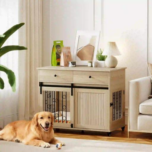 Jaula para Perros Medianos y Grandes Mesa Auxiliar Moderna con 2 Cajones 2 Puertas y Cierre 100x56x81 cm Roble