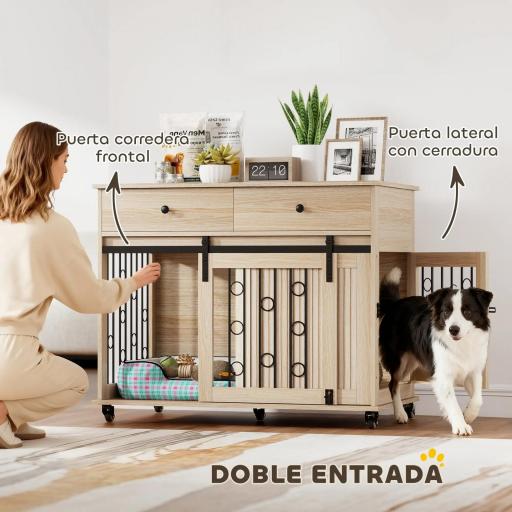 Jaula para Perros Medianos y Grandes Mesa Auxiliar Moderna con 2 Cajones 2 Puertas y Cierre 100x56x81 cm Roble [5]