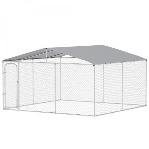 Perrera de Exterior con Toldo Anti-UV Impermeable Puerta con Pestillo y Marco de Metal Galvanizado 4x4x2,3 m Plata [8]