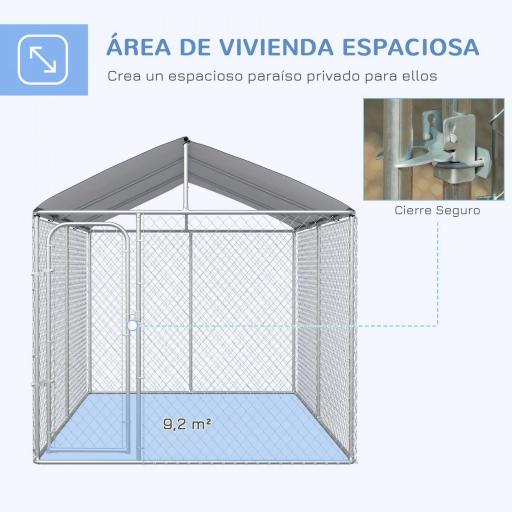 Perrera de Exterior con Toldo Anti-UV Impermeable Puerta con Pestillo y Marco de Metal Galvanizado 4x2,3x2,3 m Plata [2]