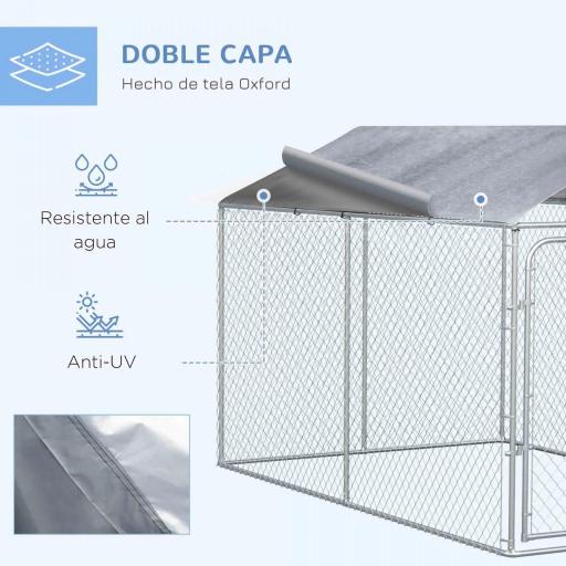 Perrera de Exterior con Toldo Anti-UV Impermeable Puerta con Pestillo y Marco de Metal Galvanizado 4x2,3x2,3 m Plata [3]