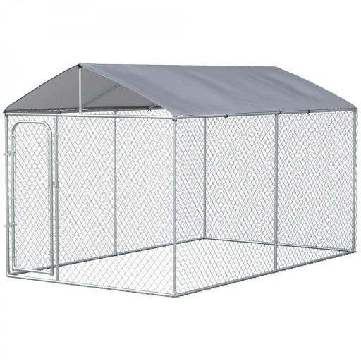 Perrera de Exterior con Toldo Anti-UV Impermeable Puerta con Pestillo y Marco de Metal Galvanizado 4x2,3x2,3 m Plata [8]