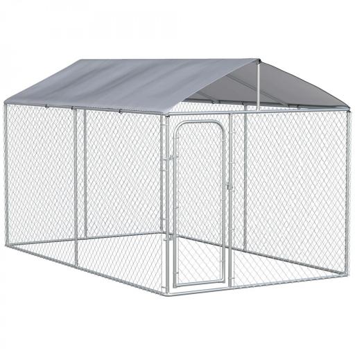 Perrera de Exterior con Toldo Anti-UV Impermeable Puerta con Pestillo y Marco de Metal Galvanizado 4x2,3x2,3 m Plata [9]