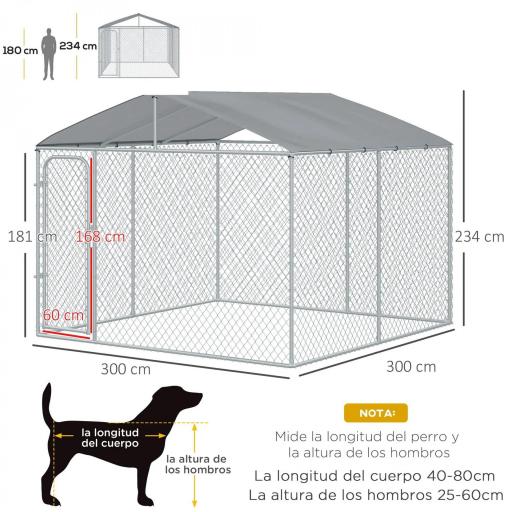 Jaula para Perros de Exterior con Toldo Anti-UV Impermeable y Marco de Acero para Jardín Patio 300x300x234 cm Plata [1]