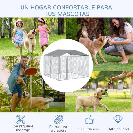 Jaula para Perros de Exterior con Toldo Anti-UV Impermeable y Marco de Acero para Jardín Patio 300x300x234 cm Plata [5]
