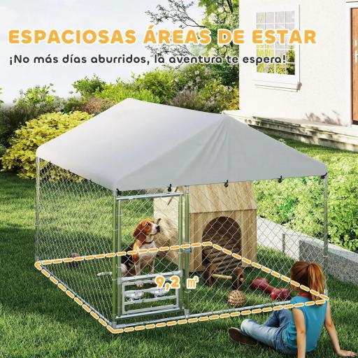 Perrera de Acero Galvanizado con Toldo Resistente y Estación de Alimentación para Perros 200x200x154 cm Plata [2]