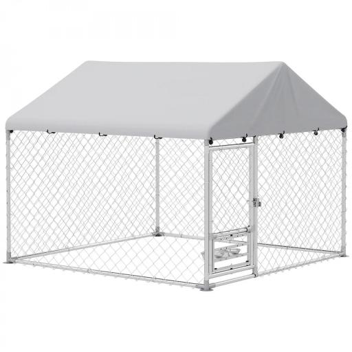 Perrera de Acero Galvanizado con Toldo Resistente y Estación de Alimentación para Perros 200x200x154 cm Plata [9]