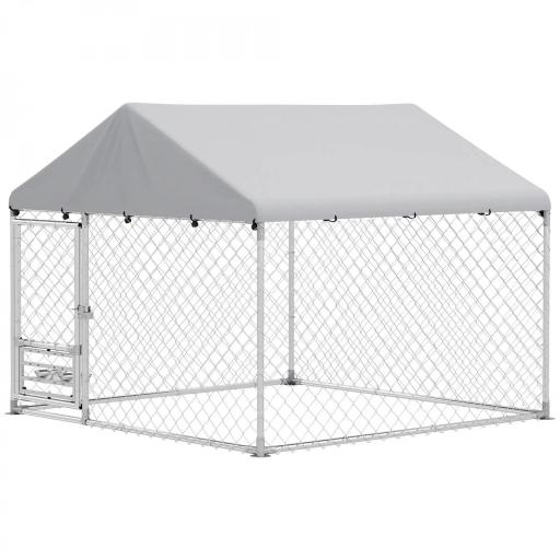 Perrera de Acero Galvanizado con Toldo Resistente y Estación de Alimentación para Perros 200x200x154 cm Plata [8]
