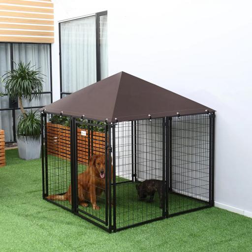Perrera de Exterior con Toldo para Mascotas con Malla de Metal y Puerta con Cerradura 141x141x153 cm Negro