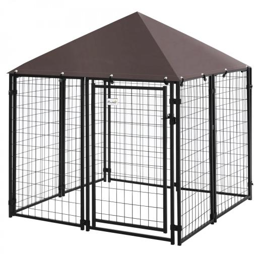 Perrera de Exterior con Toldo para Mascotas con Malla de Metal y Puerta con Cerradura 141x141x153 cm Negro [8]