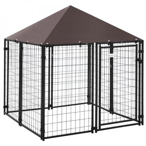 Perrera de Exterior con Toldo para Mascotas con Malla de Metal y Puerta con Cerradura 141x141x153 cm Negro [9]