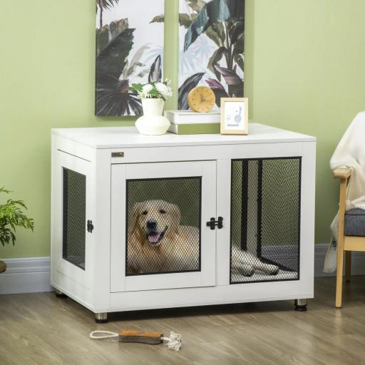 Jaula para Perros Medianos de Interior Mesa Auxiliar con 2 Puertas con Pestillo y Cojín 94x60x71,5 cm Blanco