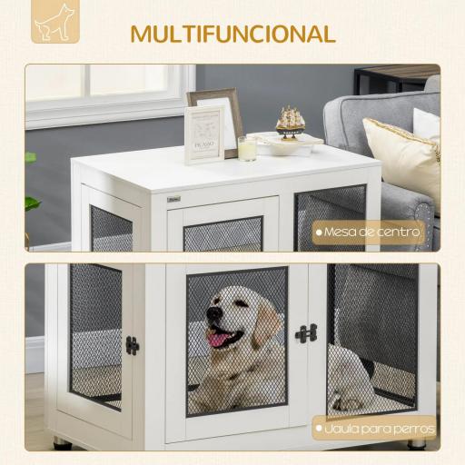Jaula para Perros Medianos de Interior Mesa Auxiliar con 2 Puertas con Pestillo y Cojín 94x60x71,5 cm Blanco [3]