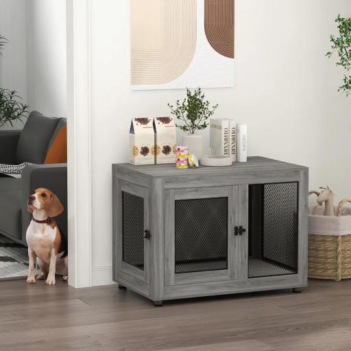 Jaula para Perros Grandes de Interior Mesa Auxiliar con 2 Puertas con Pestillo y Cojín 94x60x71,5 cm Gris [0]