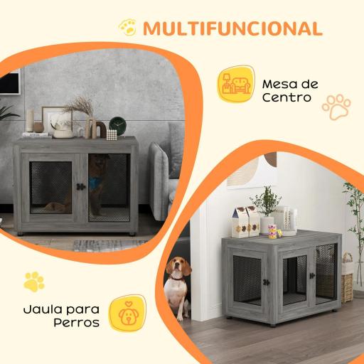 Jaula para Perros Grandes de Interior Mesa Auxiliar con 2 Puertas con Pestillo y Cojín 94x60x71,5 cm Gris [6]