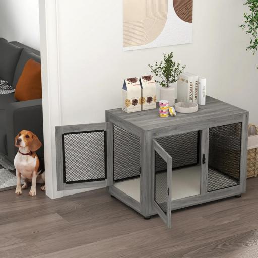 Jaula para Perros Grandes de Interior Mesa Auxiliar con 2 Puertas con Pestillo y Cojín 94x60x71,5 cm Gris [7]