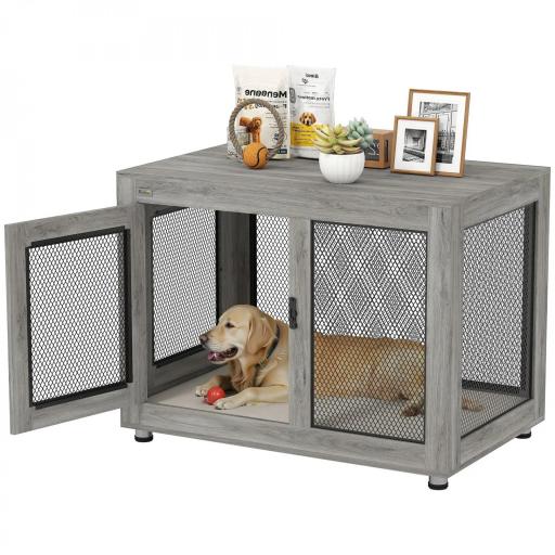 Jaula para Perros Grandes de Interior Mesa Auxiliar con 2 Puertas con Pestillo y Cojín 94x60x71,5 cm Gris [8]