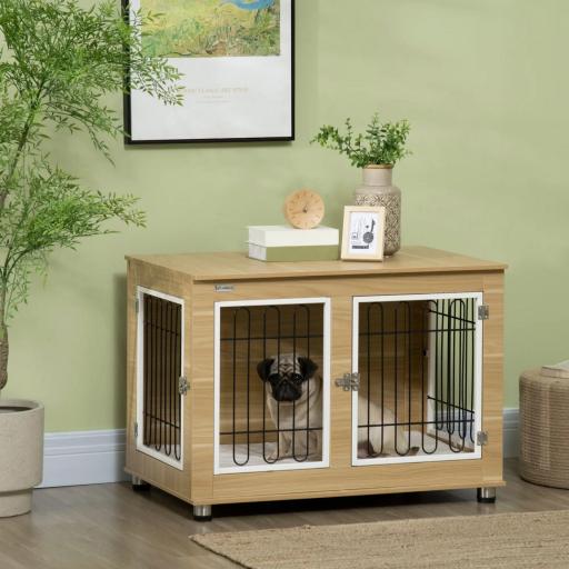 Jaula de Madera para Perros con Cojín 2 Puertas y Patas Ajustables Uso como Mesa Auxiliar o Mesita de Noche 90x58x65 cm