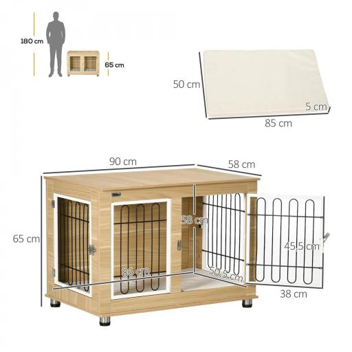Jaula de Madera para Perros con Cojín 2 Puertas y Patas Ajustables Uso como Mesa Auxiliar o Mesita de Noche 90x58x65 cm [1]